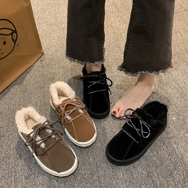 

Женские плюшевые низкие туфли на плоской подошве, теплые лоферы на шнуровке, на толстой подошве, новинка осенне-зимнего сезона, с круглым носком, с хлопковой подкладкой и мехом
