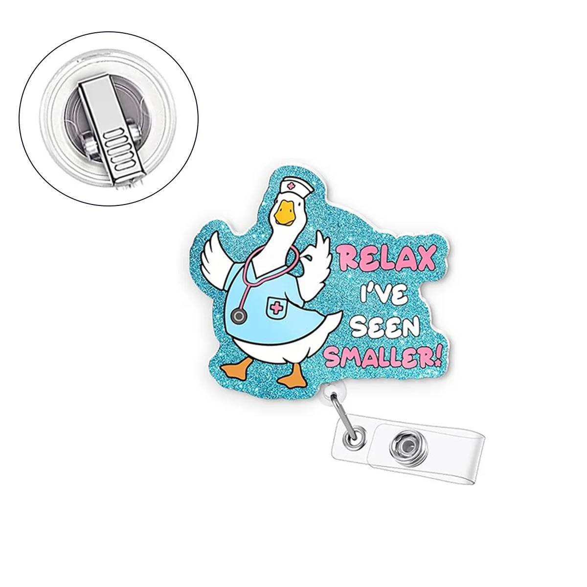 New Badge Clip Easy-pull Buckle Wire Device Acrylic Pink Goose Nurse Badge Clip Flash Powder Rotating Telescopic Buckle