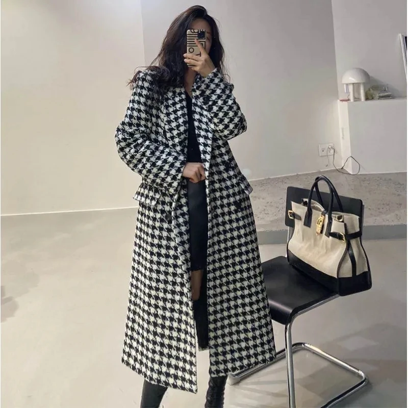 

2023 Autumn/Winter New Korea Loose Thousand Bird Wool Jacket Women's Fashion Thicken Windbreaker Coat Women Loose Long Overcoat