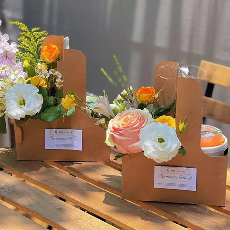 10/20Pcs Kraft Paper Take Out Bags for Flower Coffee Drinks with 2 Cup Holders, Two-in-... - SKU PTB01236 - UGI Packaging