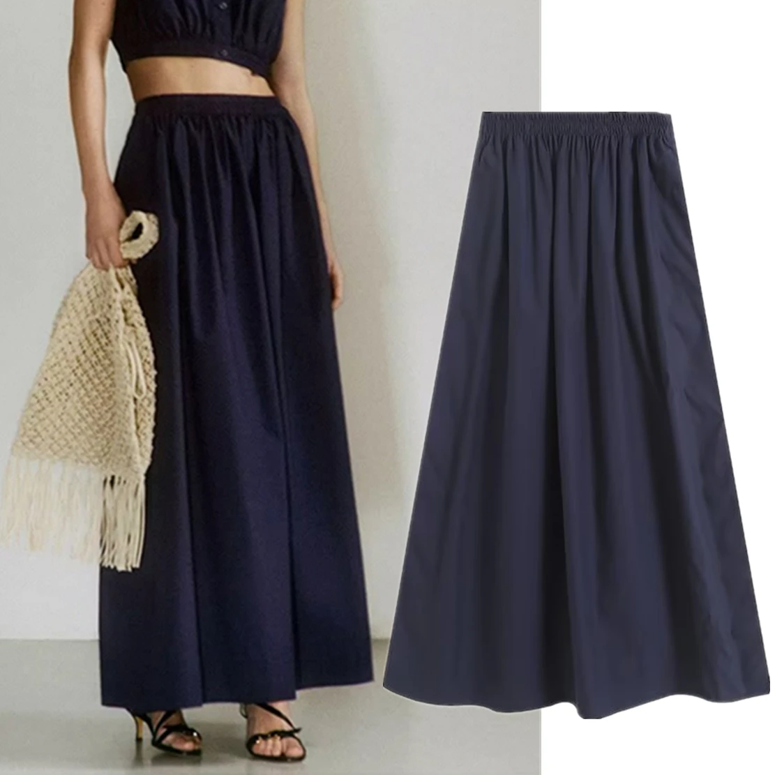 

Maxdutti England Style Navy Office Lady Fashion Color High Wasit Skirt Vintage Swing Skirt Women