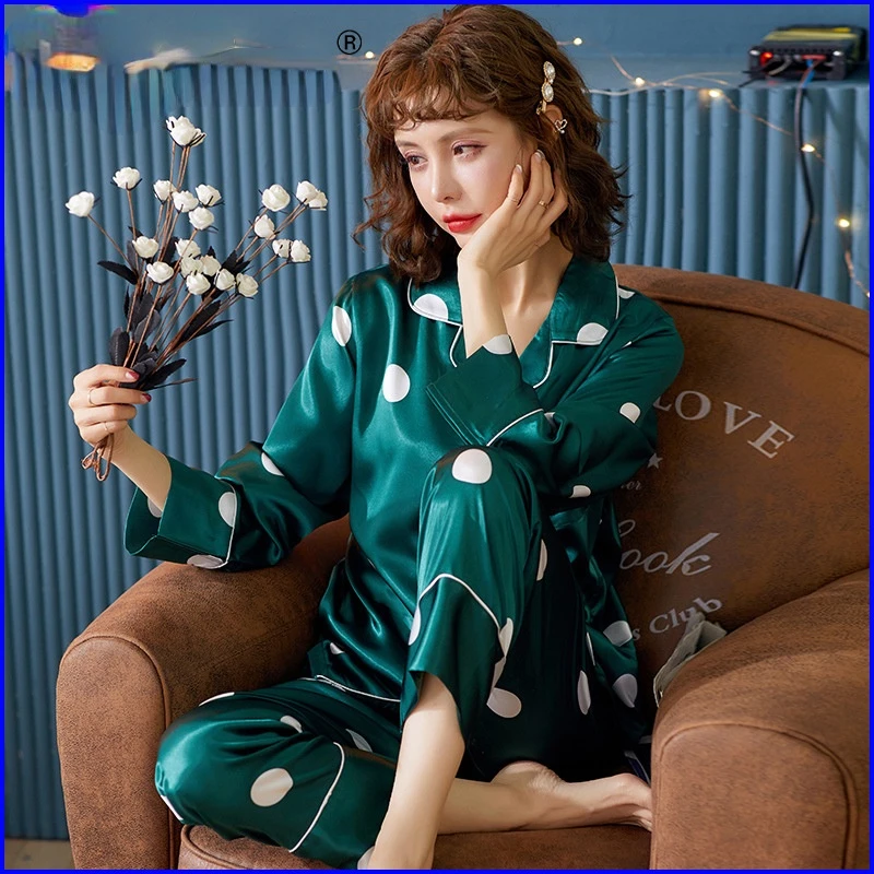 

Silk Pajamas Women Spring Autumn Winter Long Sleeved Trousers European American Style Clothes Plus Size Lingere Bedroom Set