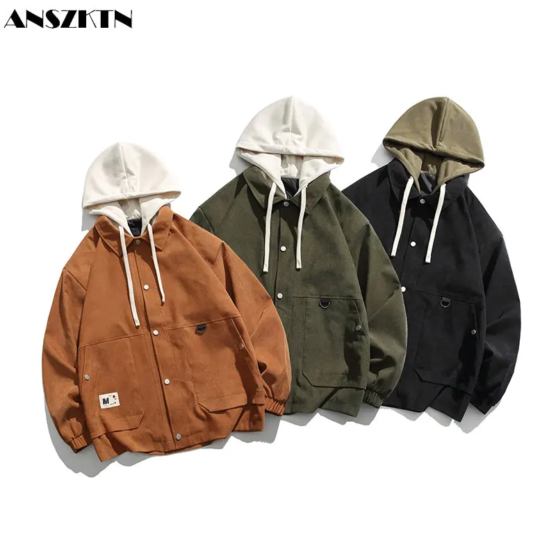 

ANSZKTN New fake two retro loose trend outdoor tooling jeans jacket men's hooded couple's style charge suit denim coat