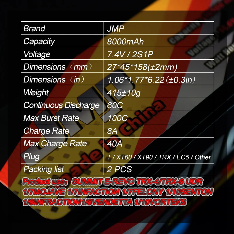 2PCS JMP lipo 8000MAH 2S 7.4V 60C SIZE:27*45*158mm SUMMIT E-REVO TRX-4/TRX-6 UDR 1/7MOJAVE 1/7INFACTION 1/7FELONY