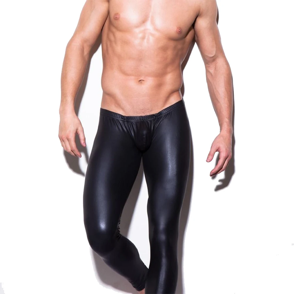 New Men Wetlook Tights Sexy Leather Pants Black PU Leather Leggings Bar Performance Nightclub Wear Cowboy Wetlook Pants