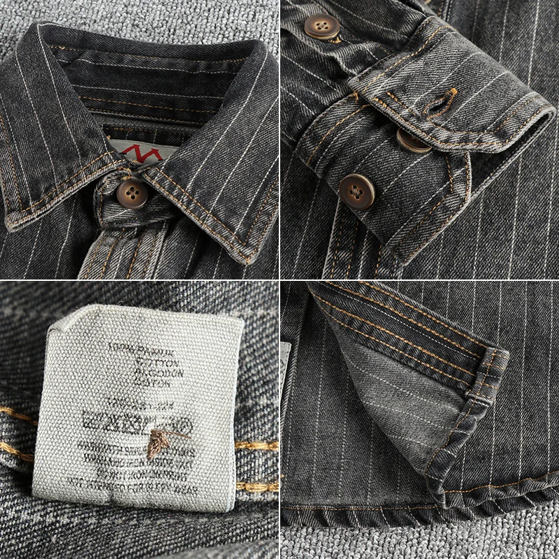 Heavy British retro black gray striped denim shirt men autumn end single cargo pocket shirt coat denim shirt