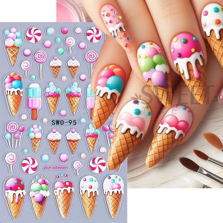 2pcs Ice Creams 3D Nail Stickers Summer Macaroon Candy Lollipops Cartoon Nail Decals DIY Adhesive Sliders Manicure Decorations