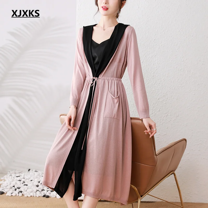 

XJXKS 2022 Spring Summer Autumn New Silk Linen Blended Long Cardigan Loose Oversize Fashion Hooded Women's Trench Coat