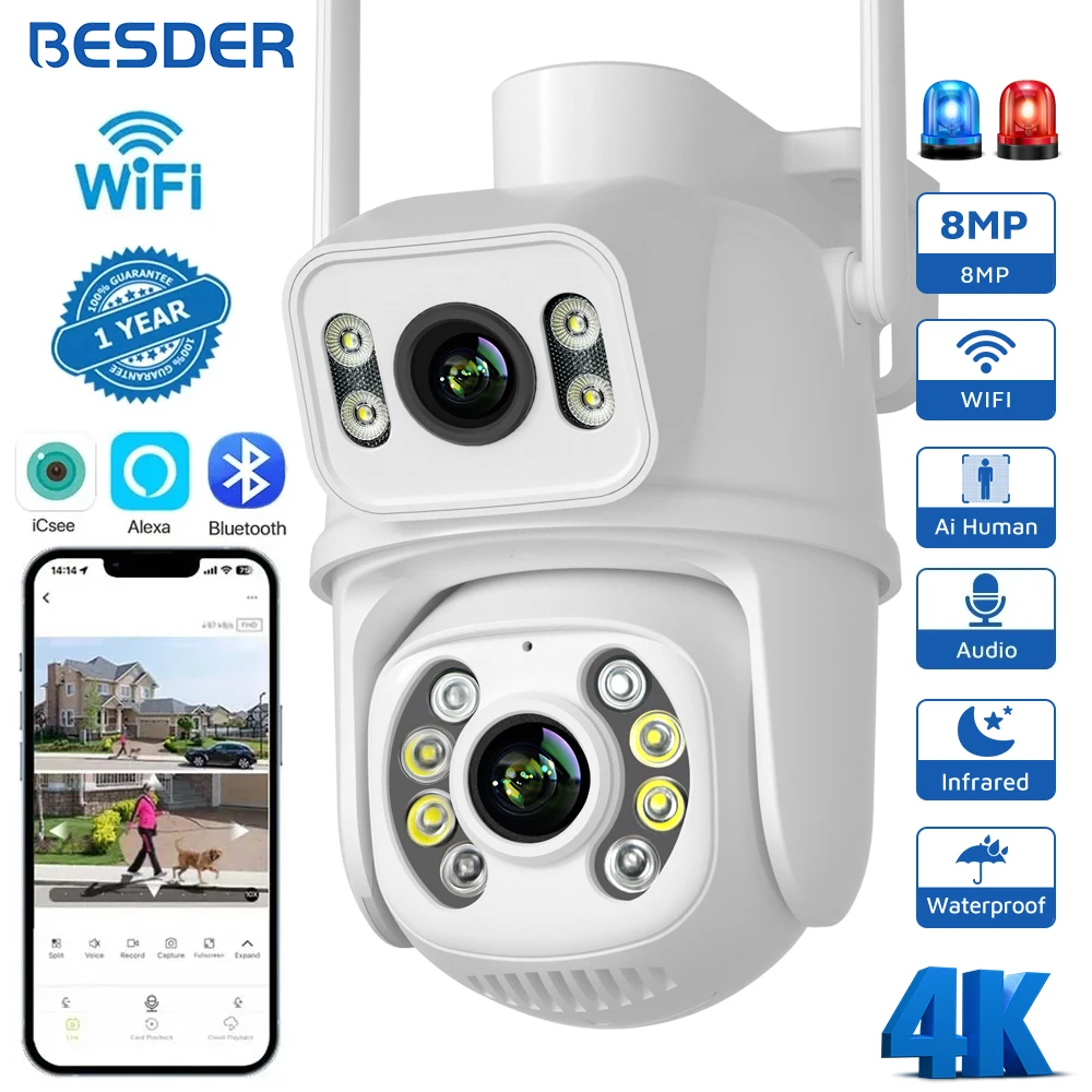 

Беспроводная IP-камера видеонаблюдения, 8 Мп, Wifi, двойной экран
