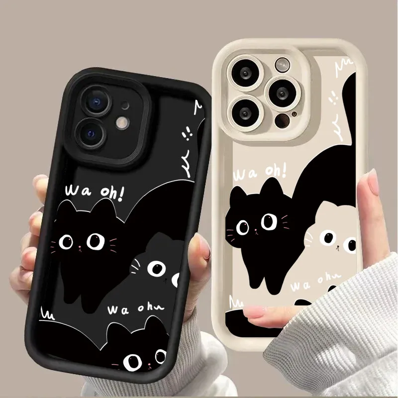 Adorable Black Cat Couple Silicone Soft Phone Case - Y2K Cartoon Design