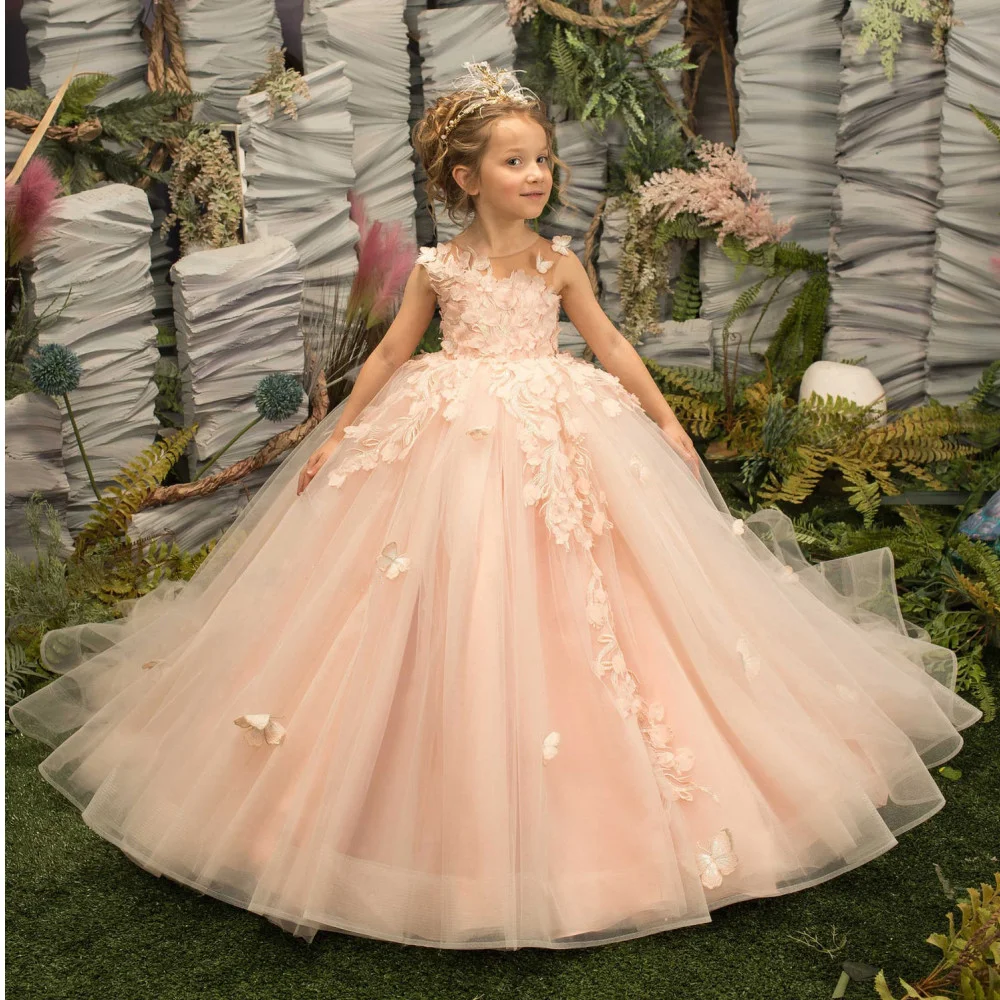 Babyonline Flower Girl Dresses for Wedding Blush Pink Floral Tulle Long Kids Bridesmaid Ball Gowns Princess Even Wed Party