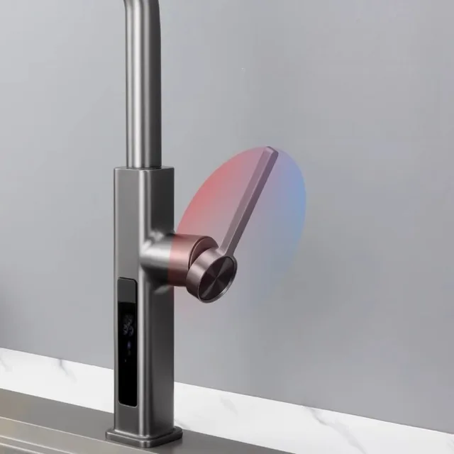 ก๊อกน้ําห้องครัวร้อนและเย็นจอแสดงผลดิจิตอลดึงออกหมุนได้มัลติฟังก์ชั่ผักอ่างล้างหน้าก๊อกน้ํา 4