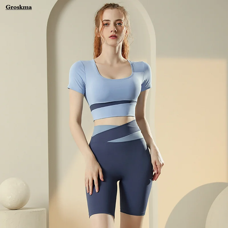 

High Waist Leggings Shorts+T Shirt Women Yoga Two Piece Set Fitness Gym Crop Tops Running Sportswear Clothing Conjunto Femenino