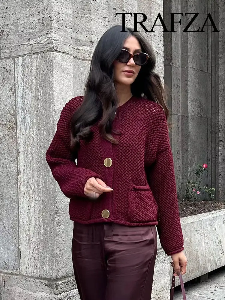 TRAFZA Women Vintage Wine Red Sweater Cardigan Female Metal Buttons Long Sleeve Coat With Pockets Fashion High Street Knitwear 4