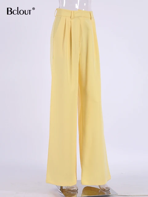 Bclout Fashion Yellow Pants Women 2023 Elegant Office Lady High Waist  Pleated Long Trousers Elegant Solid Wide Leg Pants Female