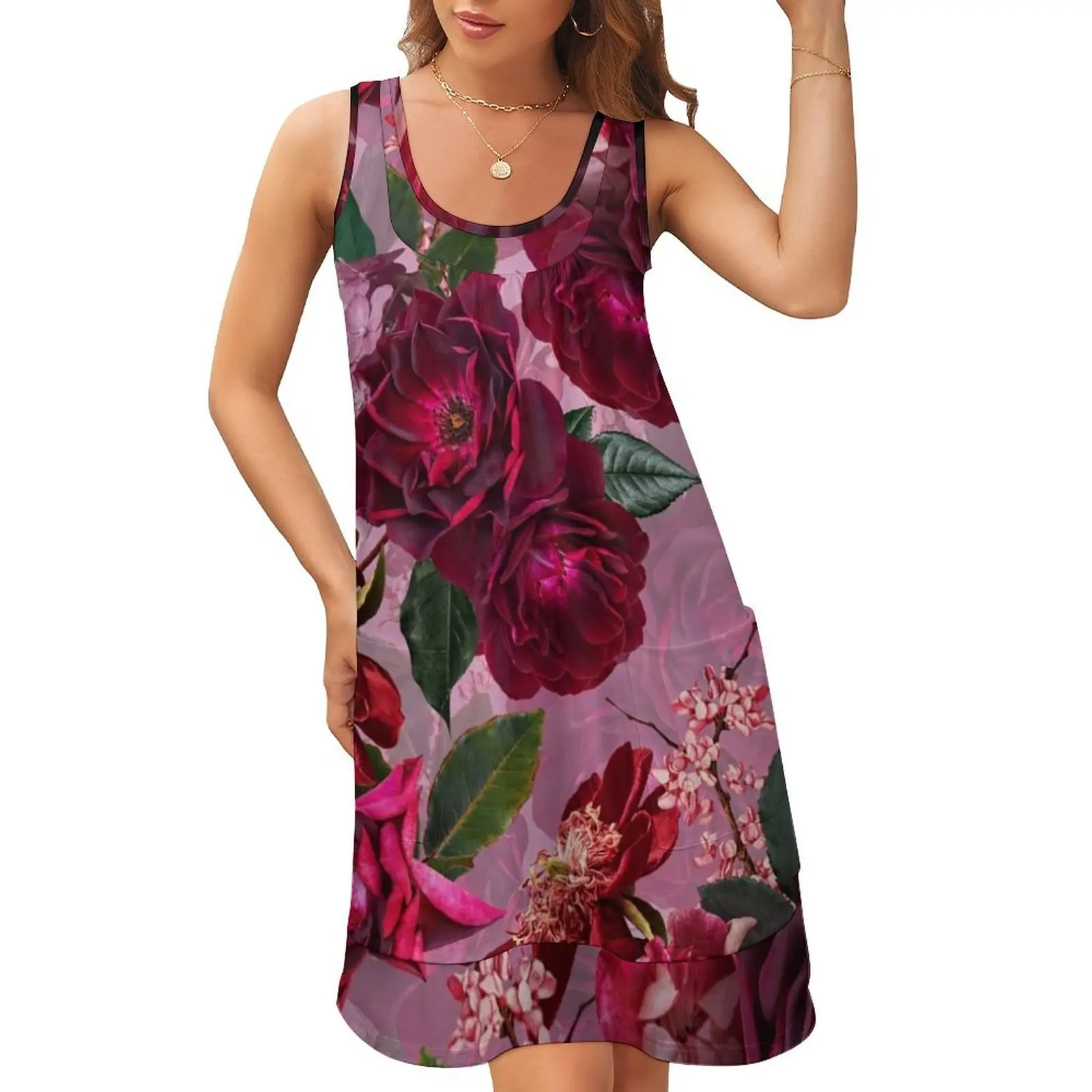 

Antique Purple Botanical Flower Rose Botanical Night Garden Sleeveless U-Neck Fake Two Piece Dress Prom gown