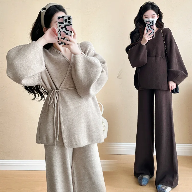 Maternity Wear Fall Winter Clothes Set Korean Lantern Sleeve Sweater+ Wide-leg Pants 2Pcs Fashion Models Suit Pregnant Clothes