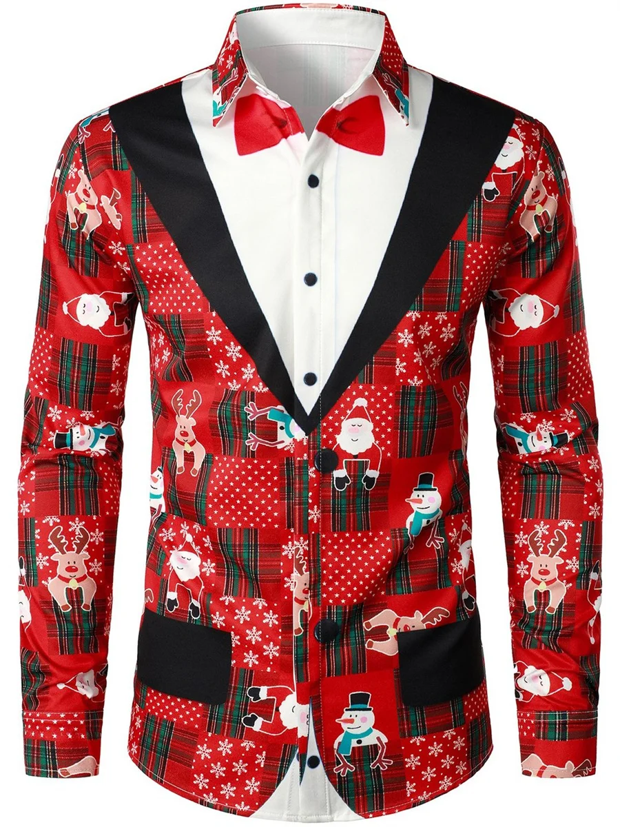 Autumn and Winter Christmas Shirt Long Sleeve Button Suit Lapel Hip Hop Funny Fashion Outdoor Party Men's Christmas Top