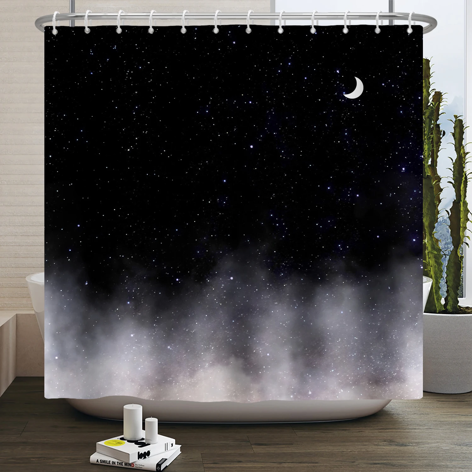 Moon Night Shower Curtain Starry Sky Grey Planet Mountain Nature Landscape Bathroom Curtains Minimalism Black Art Bath Curtain