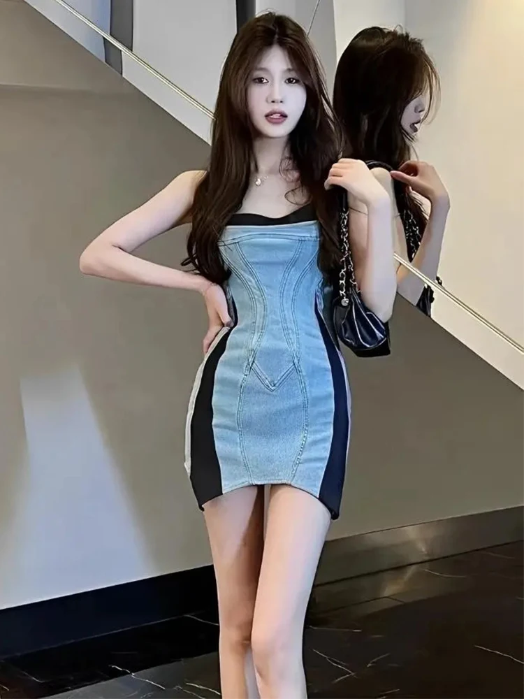 New Fashion Women's Patchwork Elastic Denim Sling Dress 2025 Summer Spring Trendy Sleeveless Wrap Hip Dresses Female 1