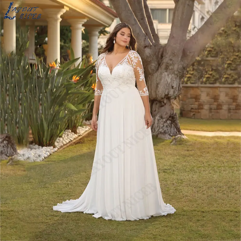 

LAYOUT NICEB Plus Size Appliques Chiffon Wedding Dresses Three Quarter Sleeves Backless Bride Gowns Buttons Deep V-Neck vestidos