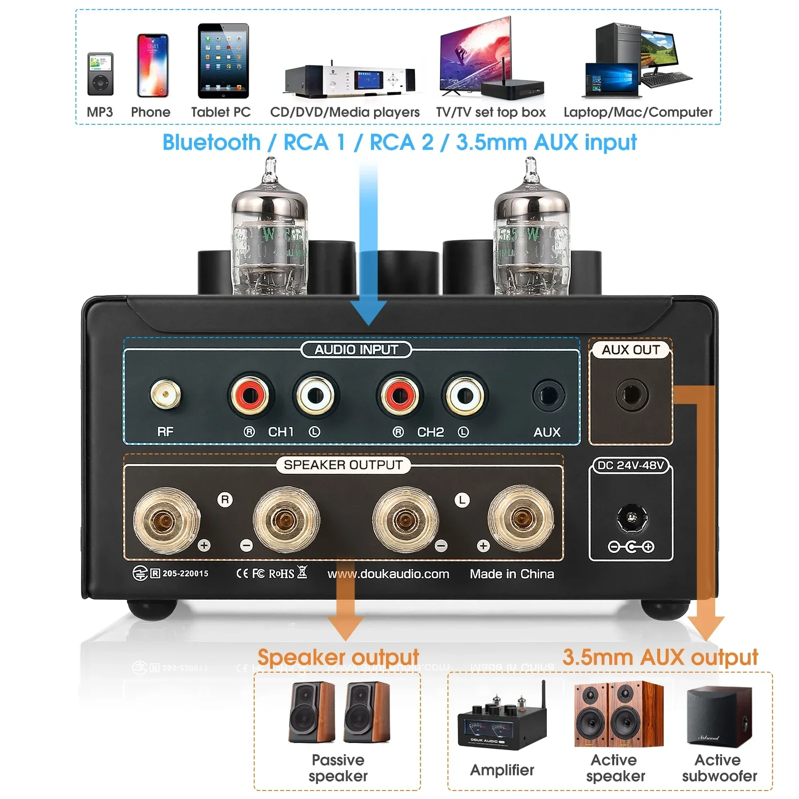 Douk Audio X1 Compact Tube Amplifier - Bluetooth 5.0, Phono Preamp, 320W, With Sub Output