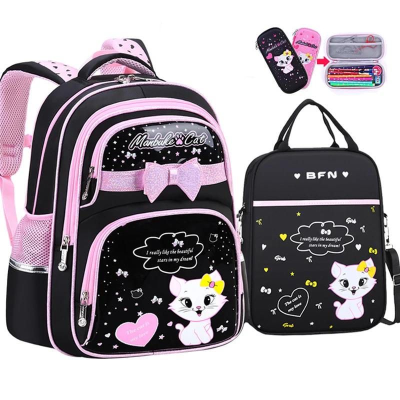 New Korean Primary PU leather School Bag 2020 Fashion Cute Girls With Cute Cat Orthopaedic  Waterproof Backpack 1