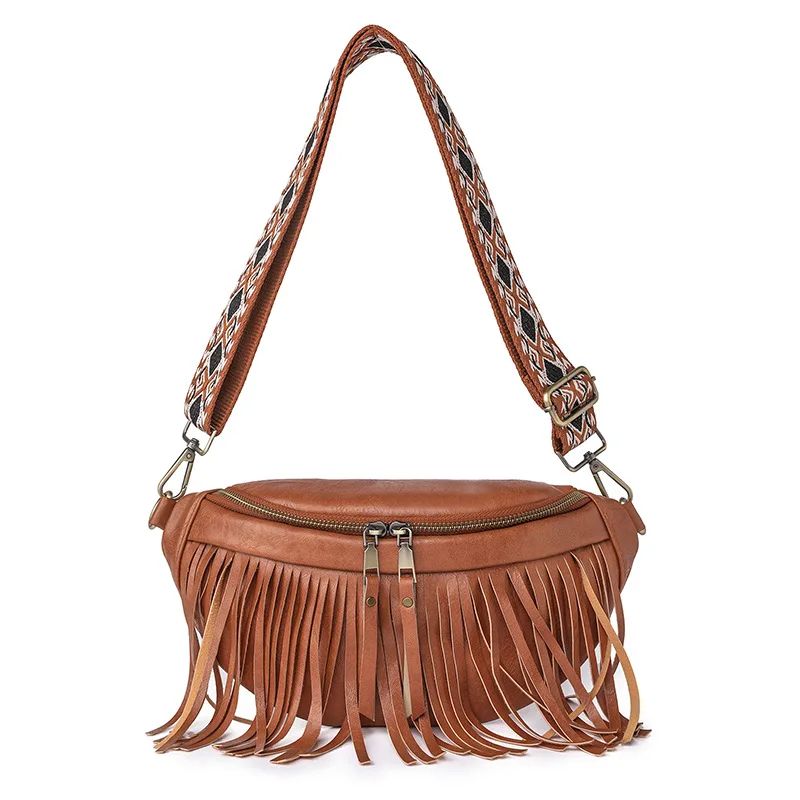 2023 European And American Retro Tassel Pleated Women's Chest Bag Fashion Shell Shaped Pu Soft Leather Crossbody Bag For Women