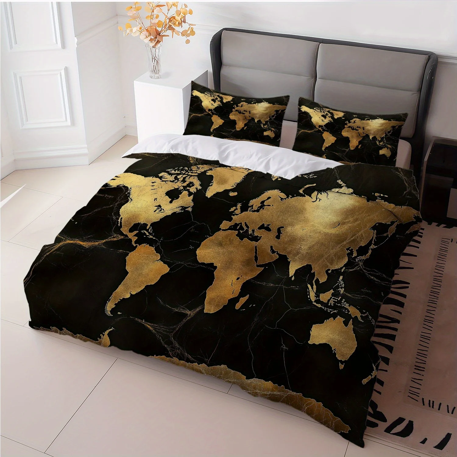 3Pcs Black Golden World Map Duvet Cover Set, Luxury Polyester Bedding with Pillowcases, Zipper Closure All Season for Modern Bed