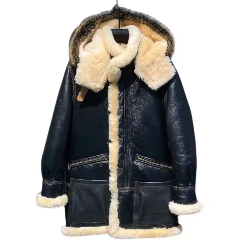 Luxury Man Genuine Sheepskin Lambskin Jacket 100% Real Natural Shearling Wool Liner Coat for Male Raccoon Fox Fur Hood XXXXXXXXL