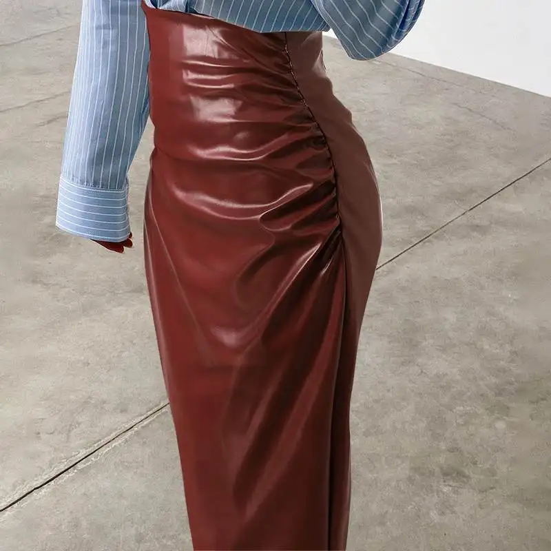 Women PU Leather High Waist Midi Skirts Fashion Long