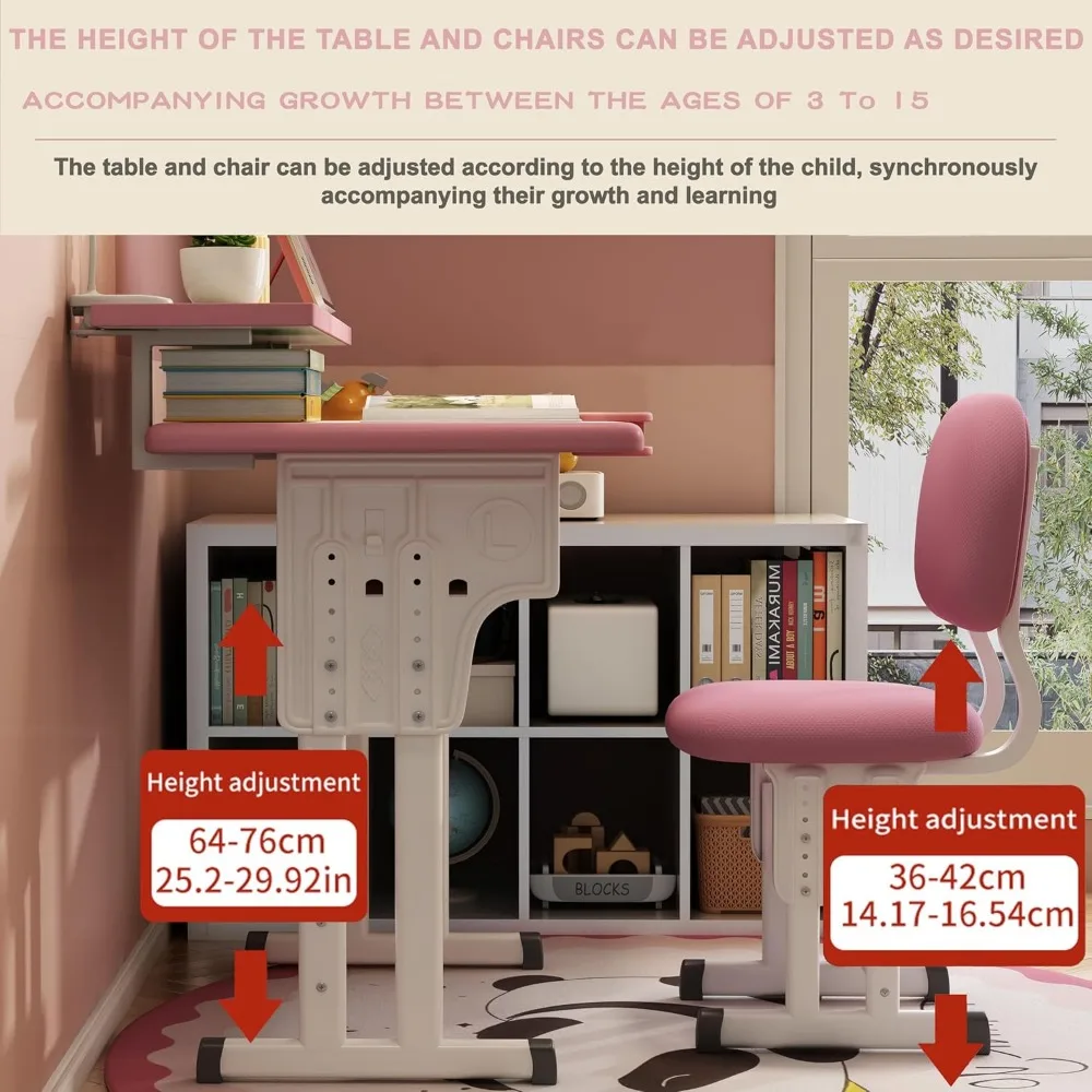 Kids Desk and Chair Set, Height Adjustable Children Bedroom Study Desk, Can Directly for Drawing Desktop, Book Stand 3