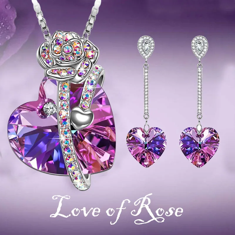 12PcsCrystalRoseHeartNecklacePendantCrystalHeartEarrings