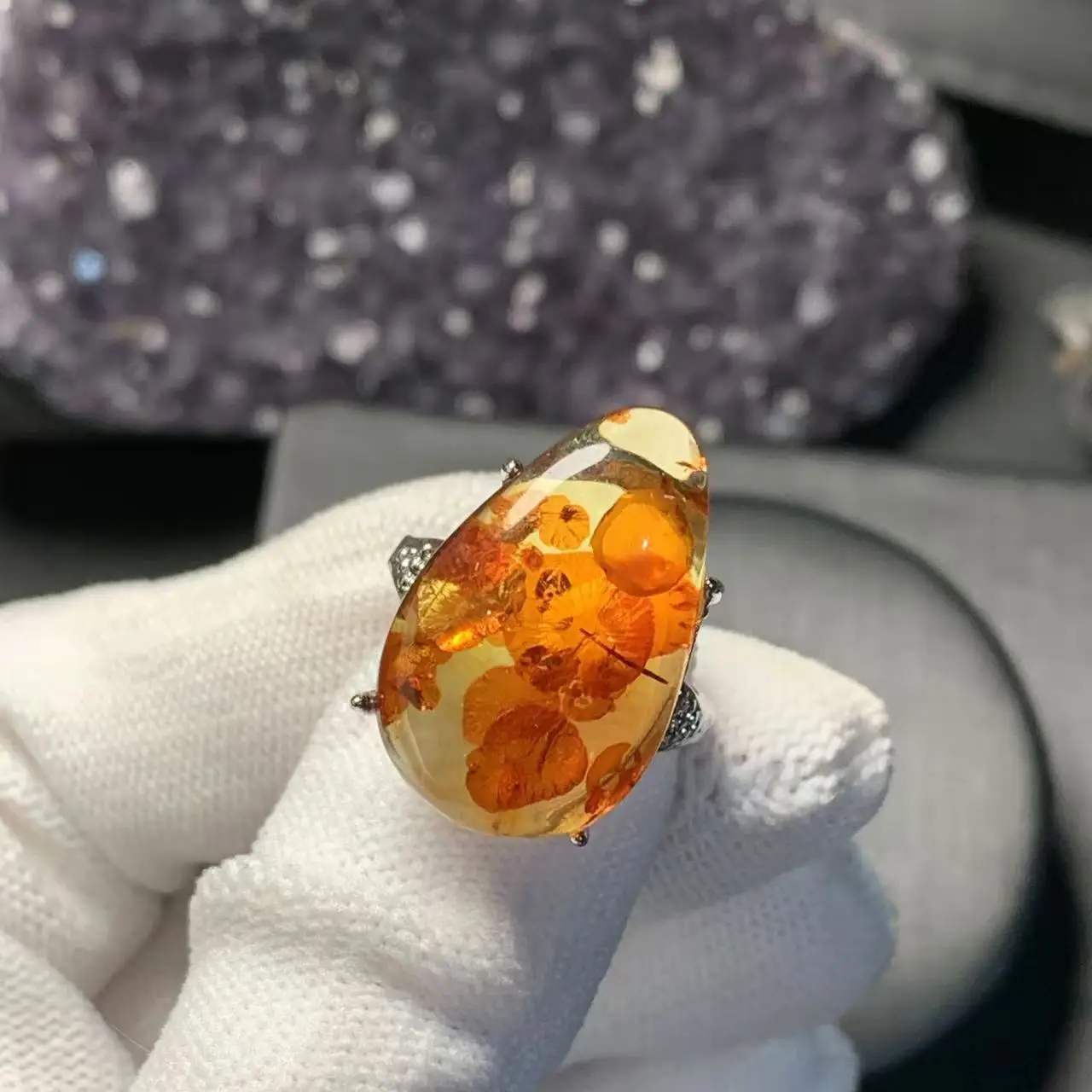 DROP Natural Flower Amber Ring Adjustable Female Ring Jewelry for Women Gift Wholesale High Quality Vintage Fine