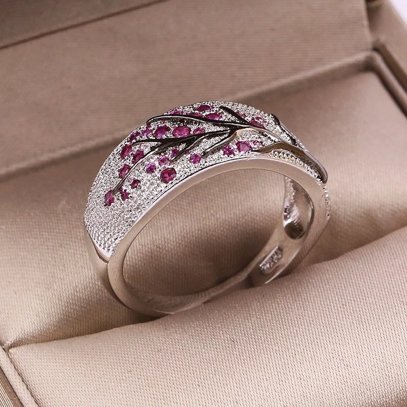Womens Ring Luxury Silver Color Plum Blossom Branch Stones Cubic Zirconia Women Rings Fashion Jewelry Wedding Rings