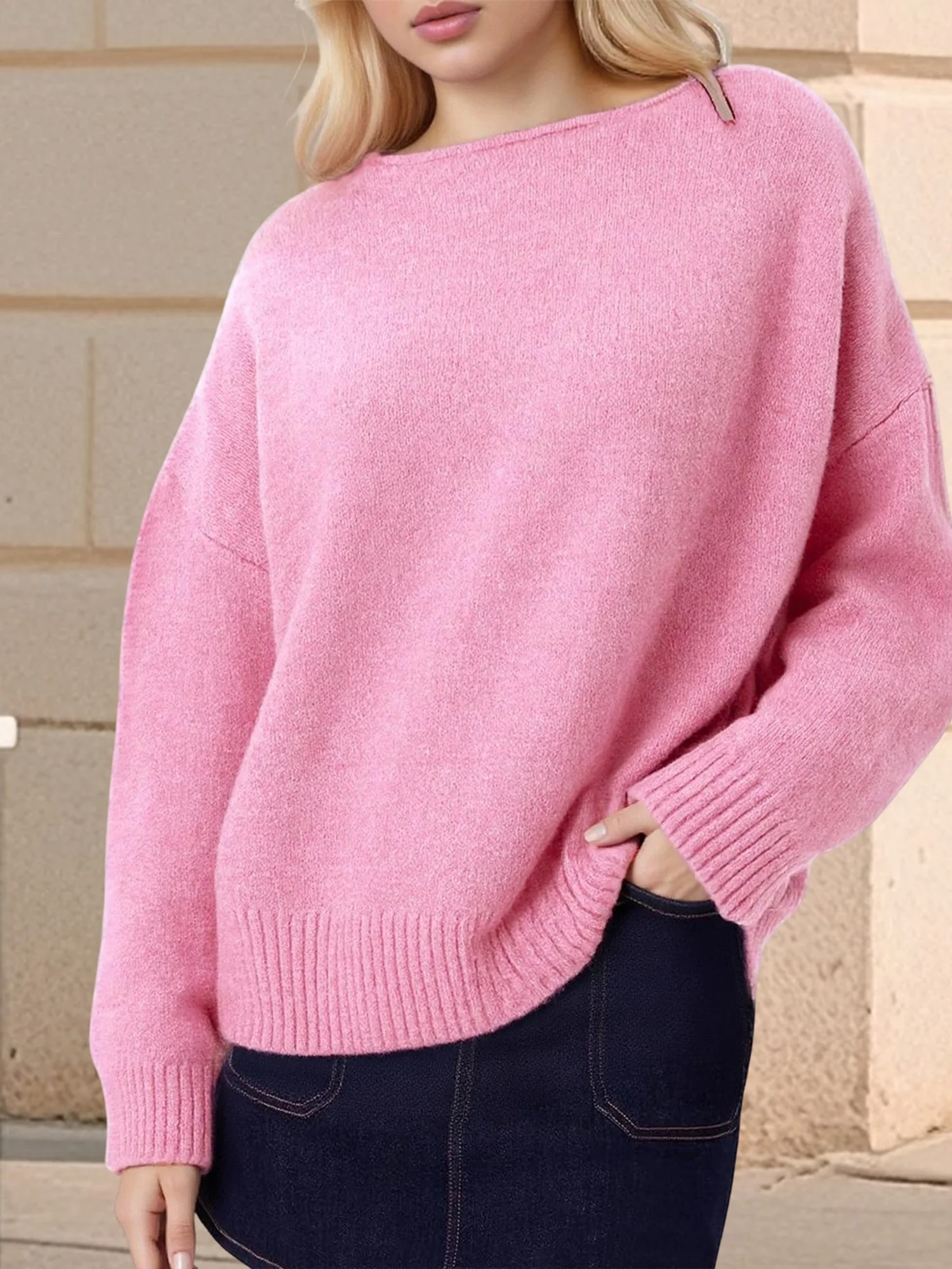 Women s Boat Neck Sweater Loose Fit Off Shoulder Casual Stylish Solid Ribbed Trim Backless Long Sleeve Knit Top with a Twist