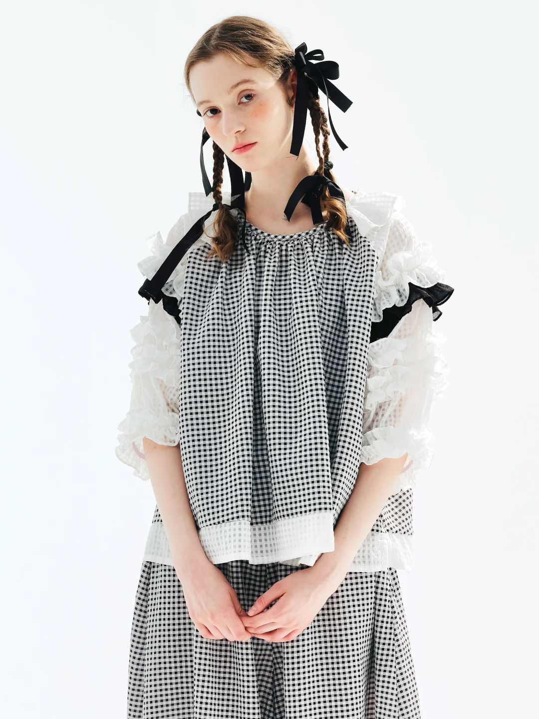 imakokoni-original-design-checkered-round-neck-pullover-top-panel-mesh-fashion-trend-summer-t-shirt-women's-234105