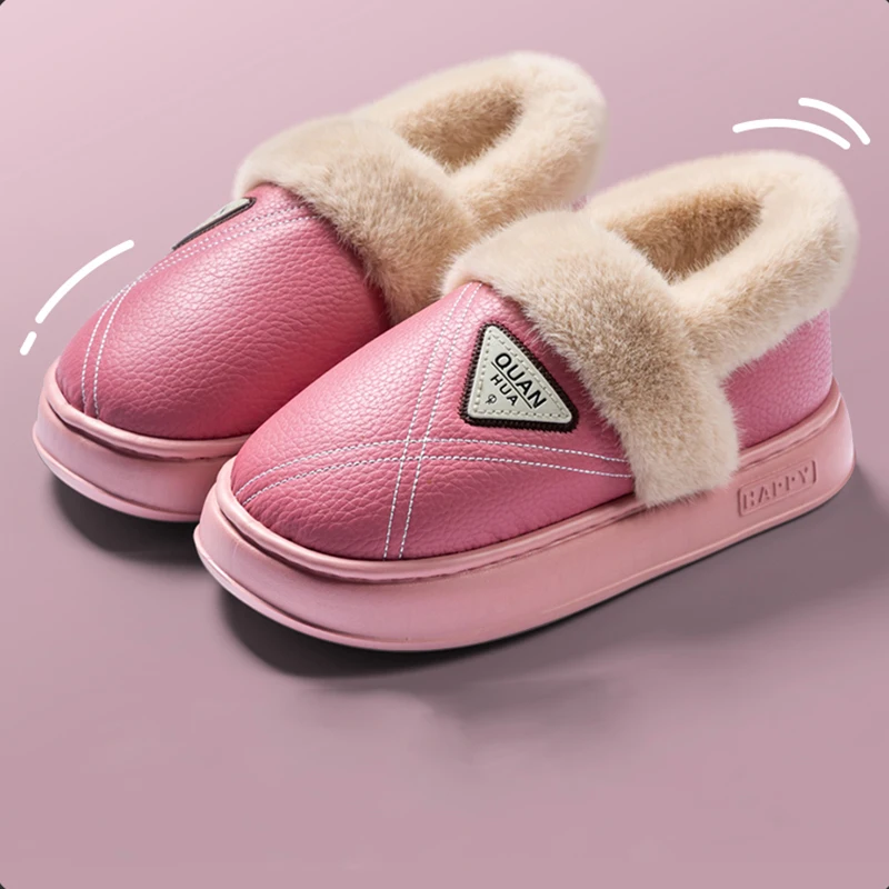 New Waterproof Cotton Slippers Women pu leather non slip winter shoes woman 2025 light thick bottom cotton living room shoes
