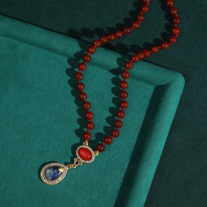 خمر العقيق الأحمر الخرز قلادة الحجر الطبيعي الأوبا...