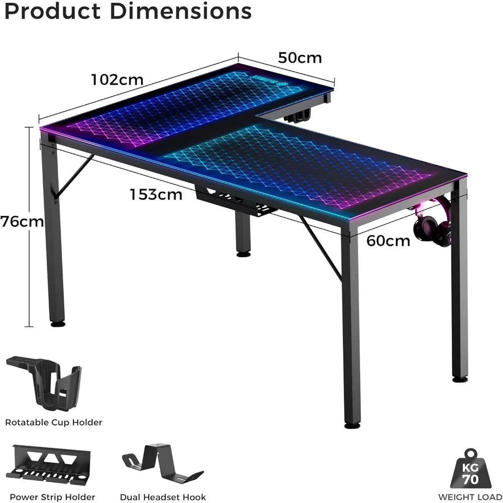 RGB LED Lights 60 Inch L Shaped Reversible Black Glass Gaming Desk Home Office Computer Table GTG L60 3