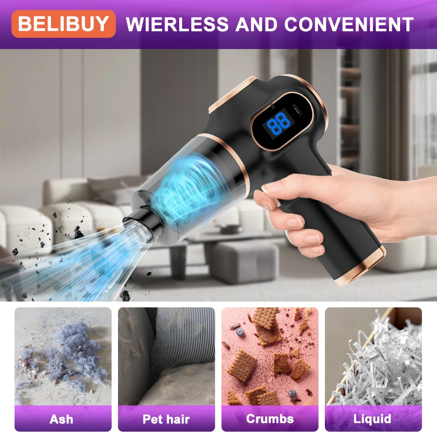 BELIBUY Mini Aspirateur Voiture 12 000 Pa Sans Fil - Puissant Et Portable Avec 3 Filtres | Pour Auto, Canapé, Bureau, Animaux