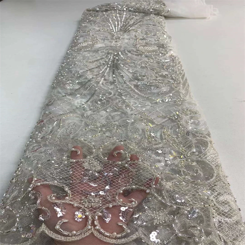 

Familiar Nigerian Beads Lace Fabric 2022 High Quality African Bridal Dress Luxury Embroidery With Handmade Beaded Lace XZ24008