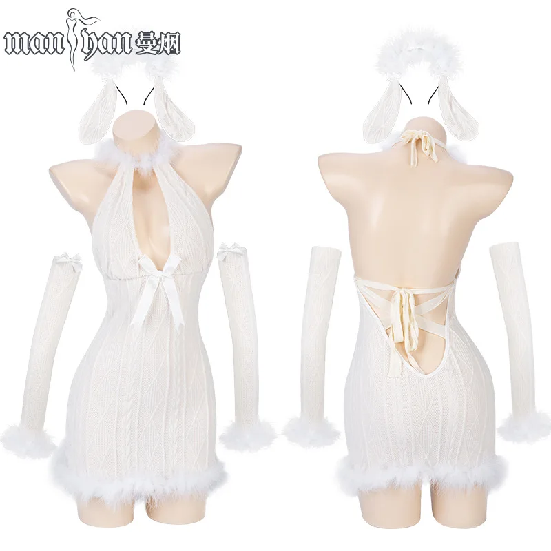 Lolita Cosplay Costumes Bunny Girl Halter Backless Plush Slim Tight Mini Dress Hollow Out Kawaii Furry Sheep