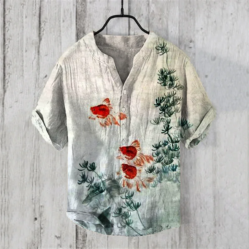 Cardigan Men Clothes Offer Henry Shirt Mens Clothing Tops Japanese Vintage Clothes Short Sleeve Summer Men's
