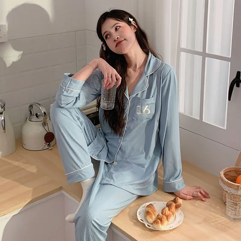 2024 Spring Thin Simple Style Women Pajamas Long Sleeve Breathable Sweat-Absorbent Confinement Clothing Large Size Homewear Suit