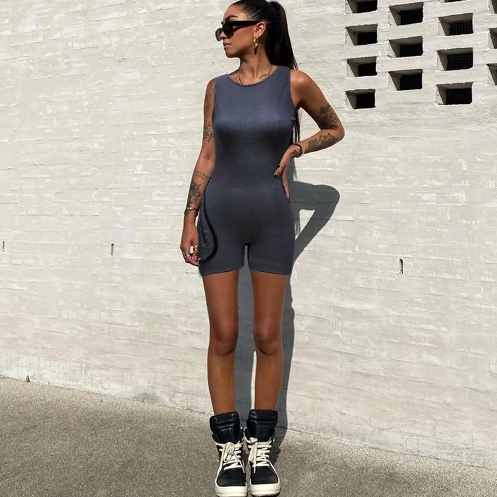 

Women's 2023 Spring/Summer New American Street INS Mesh Red Sexy Zipper Sleeveless Stretch Denim Bodysuit Shorts
