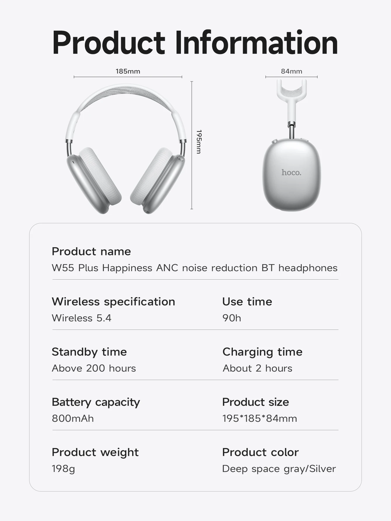 HOCO W55 Plus ANC Noise Reduction Over-ear Bluetooth 5.4 Headphones Wireless Sport Headset Head mounted For Smart Phone AUX mode