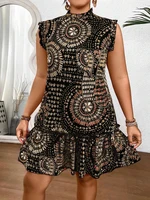 Plus Size 2025 Summer New Women's Elegant Slim Fit Short Sleeve Dress - Black gold and red paisley print ruched hem Round Neck - black, 4XL