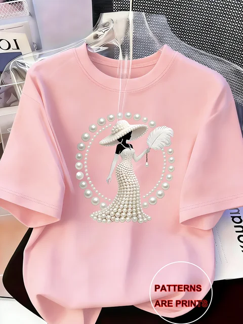 Women's Printed T-Shirt Pearl Diamond Jewelry Women's Design Casual Round Neck Short-sleeved Top Urban Style Printed T-Shirt 3
