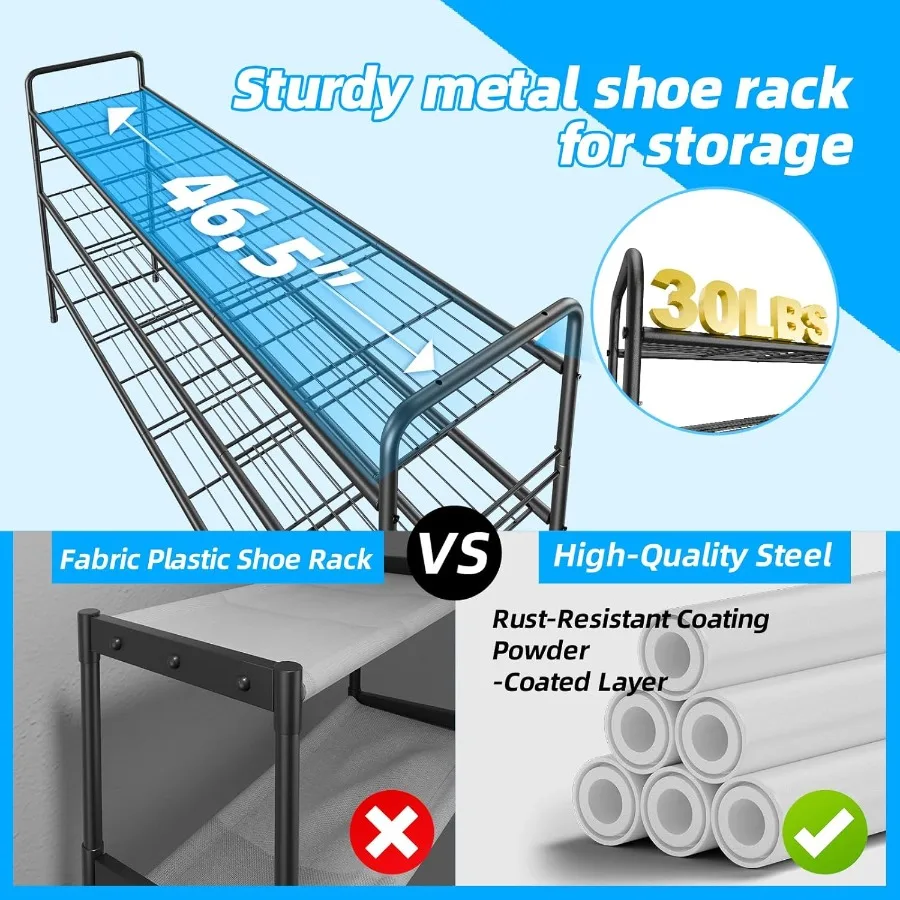 3 Tier Shoe Rack for Closet 46.5 Inch Extra Long Shoe Storage Organizer for Shelves Heavy Duty Metal Easy Assembly Black